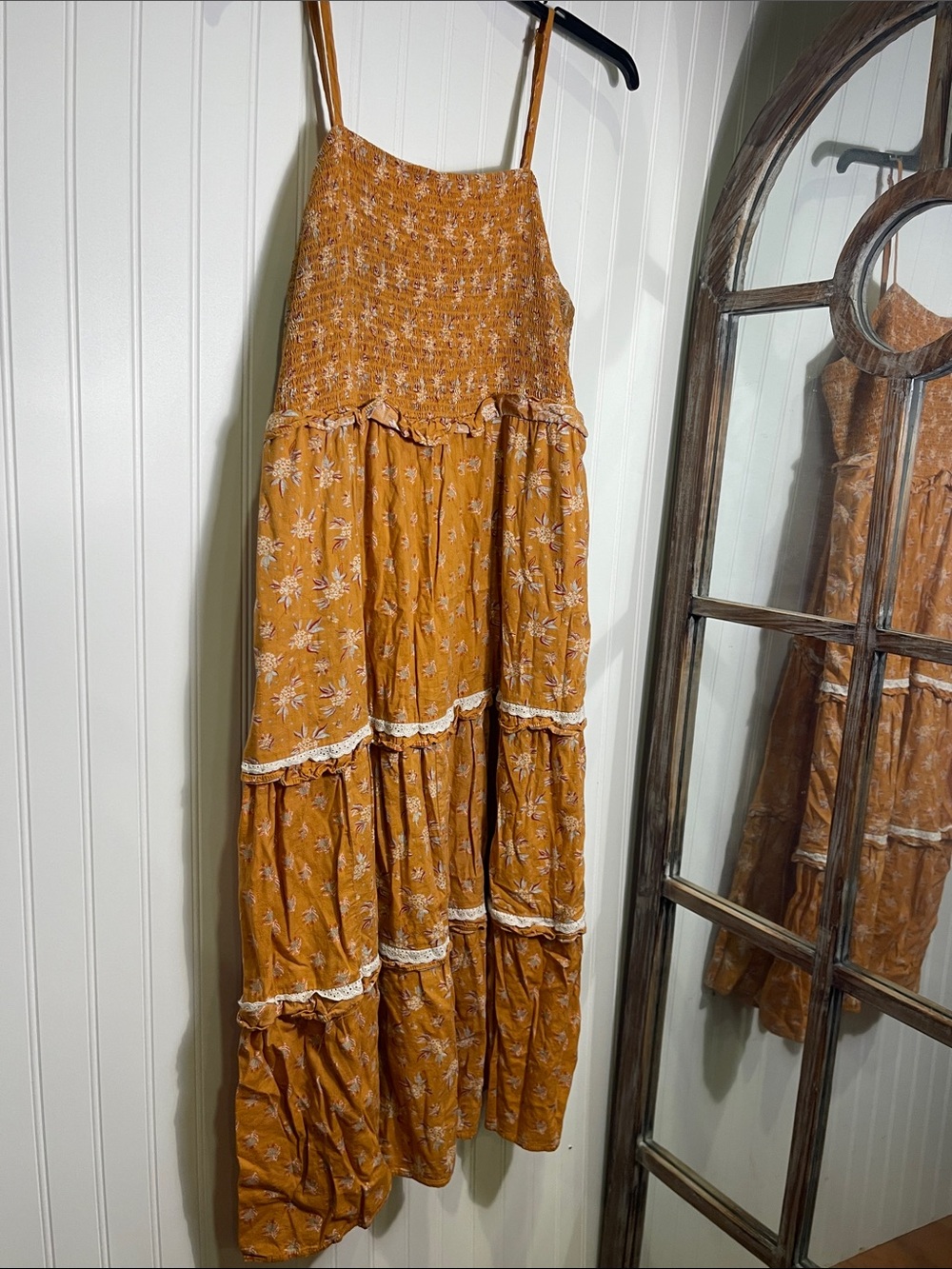 Universal Thread Mustard Floral Midi Dress with Tiered Skirt - Picture 1 of 3
